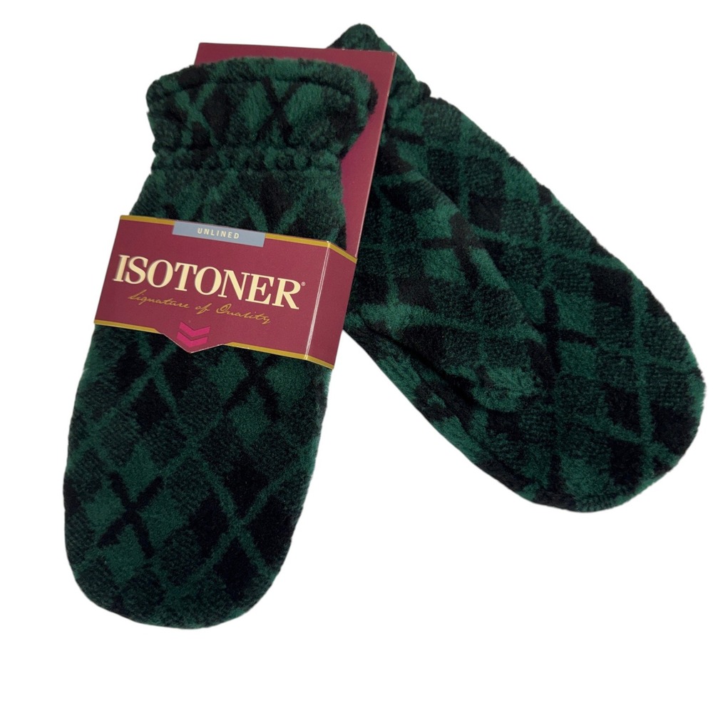 Isotoner Fleece Mittens One Size Evergreen Green Black Argyle Plush VTG 90s NEW